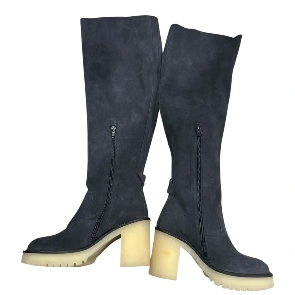 Free‎ People Suede Knee High Boots Jasper 37.5 Blue Block Heel